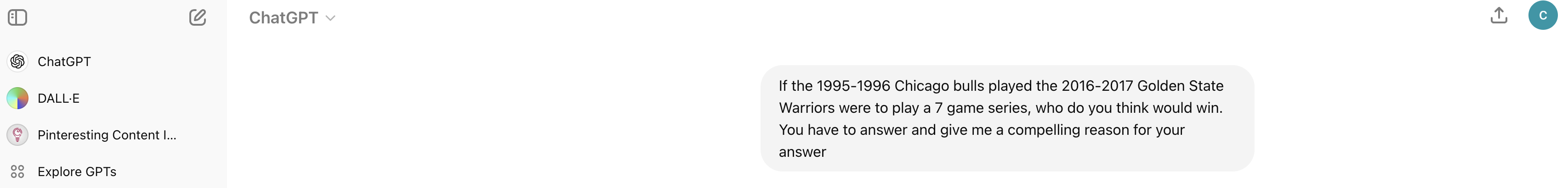 A Chat GPT prompt asking who would win between the 1996 Bulls and the 2017  Warriors